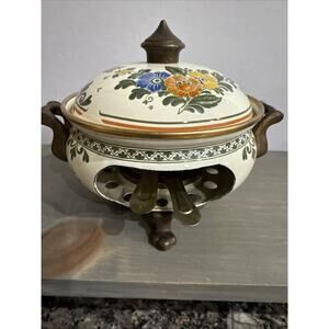 Vintage West Germany Asta Floral Food Enamelware Warmer Fondue Pot
